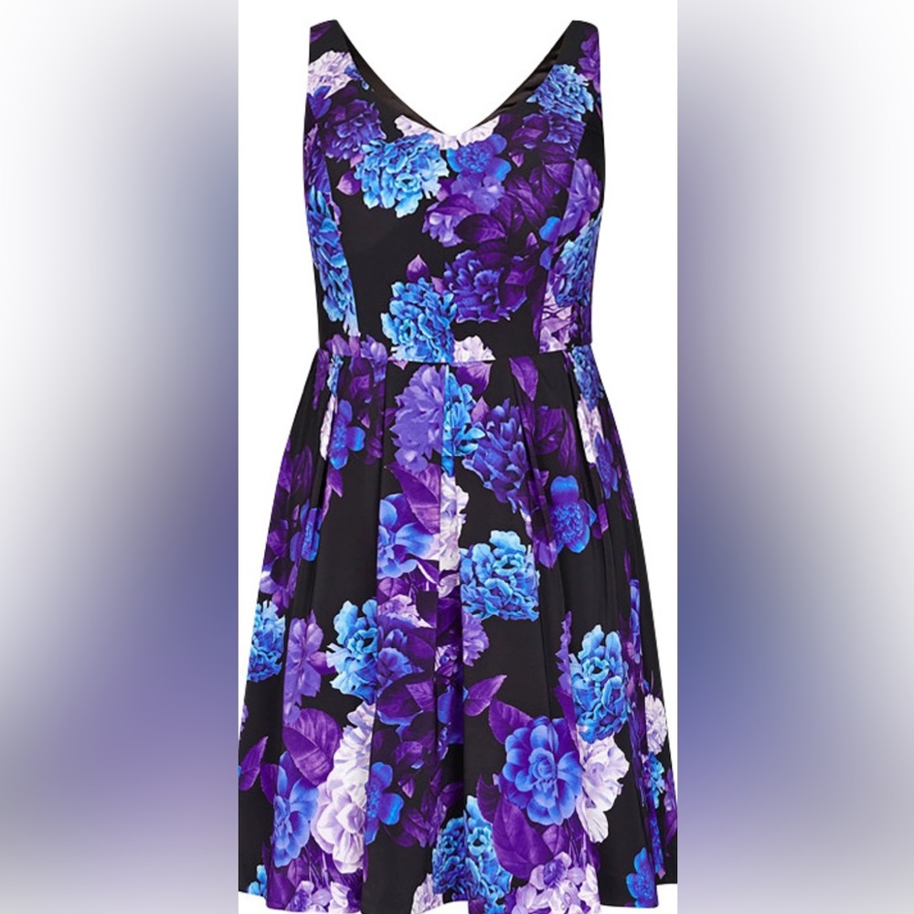 City Chic Hydrangea Fit & Flare Dress - black with blue and purple flowers
